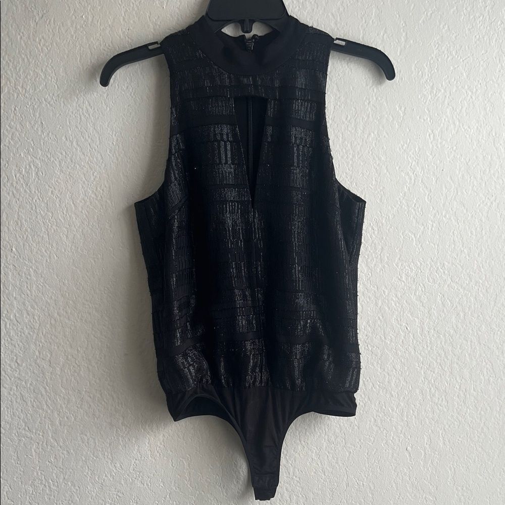Like New! Bebe Mock Neck Keyhole Bodysuit Black Sleeveless Shimmery in XS